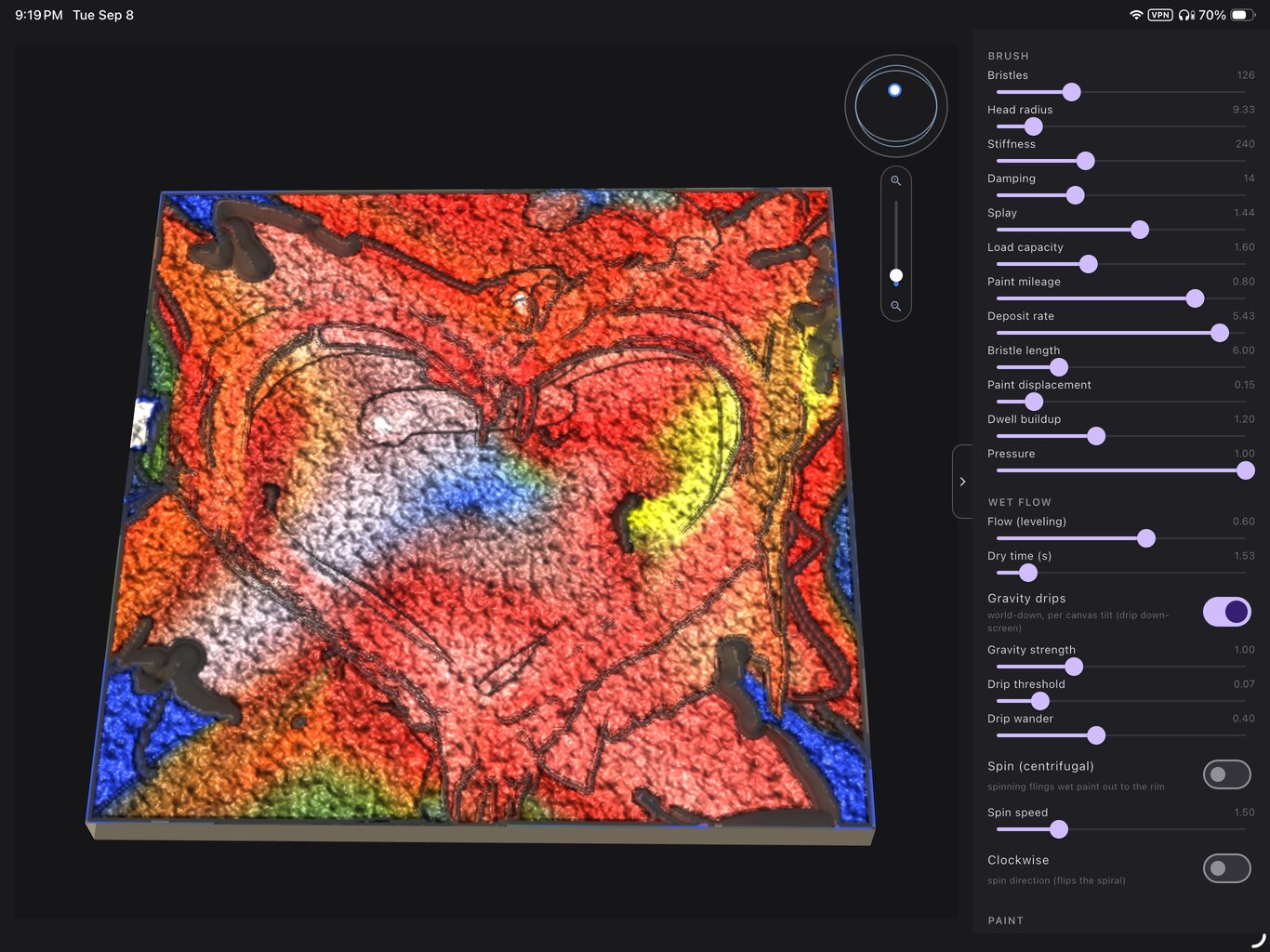 entropybrush on iPad: a tilted canvas of thick red, blue and yellow paint next to the brush controls